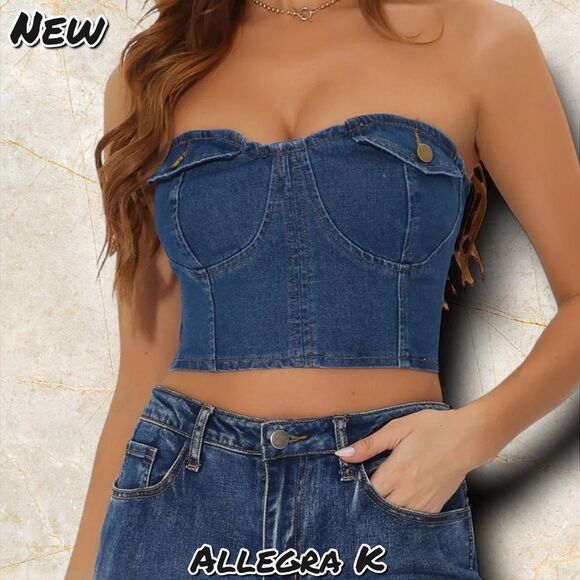 New NWT Allegra K Button Front Strapless Denim Crop Top - Size Small - Picture 1 of 9